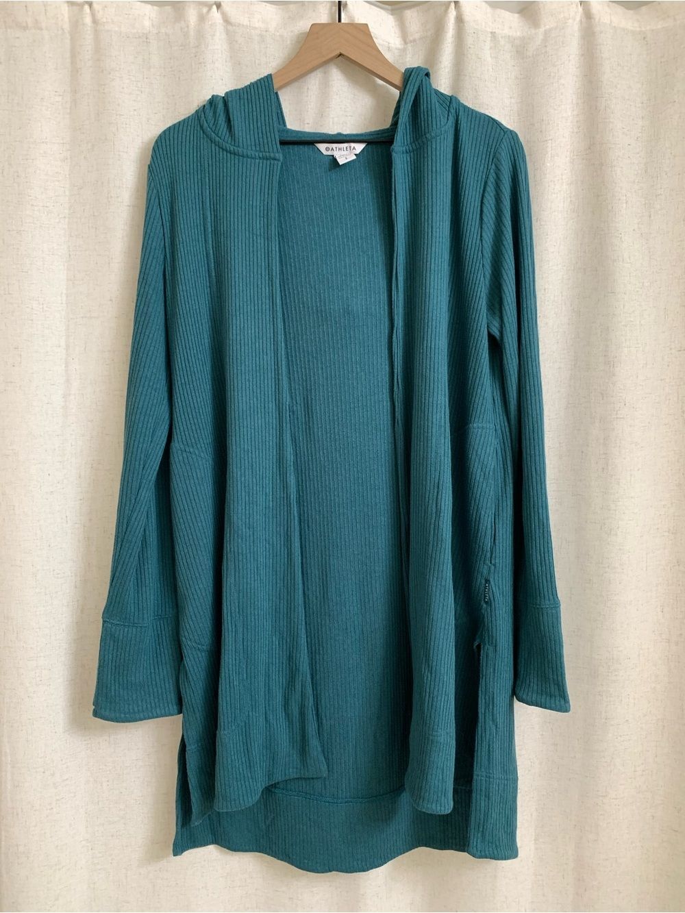 Athleta Harmony Pose Wrap Teal Ribbed Open-Front Hooded Cardigan Pockets Small